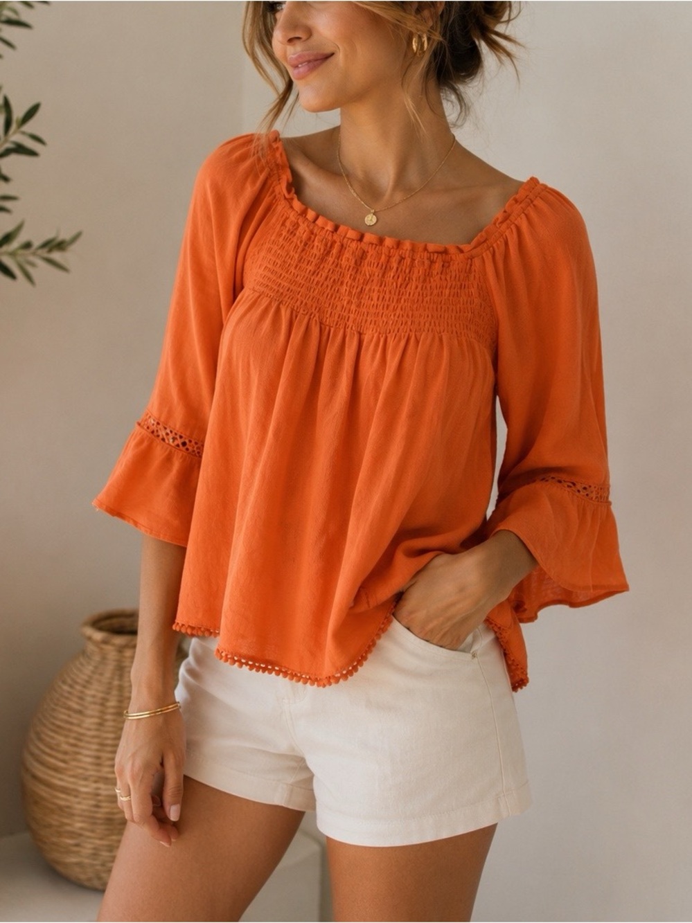 💥 $10 DEAL! 💥 Lee Boho Smocked Off The Shoulder Blouse Coral Orange Bell Sleeve💛